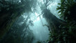 © NOIR - Low angle view of ancient towering trees in a mysterious misty rainforest with ethereal light filtering through the dense canopy creating a moody atmospheric nature background