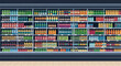 © Irgo - Flat vector illustration of a large commercial cooler in a supermarket aisle filled with multiple rows of colorful bottled and canned beverages organized on glass-fronted shelves.