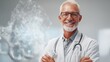© olivia shopia - Smiling senior doctor in a white coat stands confidently with a digital network background