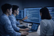 © Sukifli Dakheng - Software developer team working on computer code with focused expression, diverse colleagues collaborating on programming project in dark office