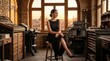 © GEAD - Woman sitting on stool in printing office with vintage machines around her at sunset