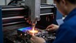 © BOJOShop - Skilled technician operating advanced CNC machine with glowing hot metal part in a factory setting