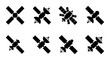 © Aysha - Satellite silhouette icons set, black space station vector graphics, 8 communication and weather satellite symbols for science and technology