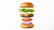 © akter - Deconstructed burger with beef patty and fresh ingredients isolated PNG, delicious fast food on transparent background
