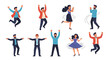 © Mobo - Set of Happy People Characters Celebrating Success and Joy with Diverse Men and Women Jumping Dancing and Cheering Isolated Vector Illustration on White.