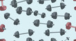 © Kamran - Seamless fitness pattern featuring multiple iron dumbbells of different sizes scattered across a calm light blue background surface.