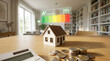 © HADI INCREDIBLE - Energy efficiency rating concept with miniature house, coins, and calculator on a wooden table in a modern home interior.