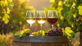 Three wine glasses on a barrel in a vineyard at sunset