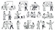 © zxkkrart - A collection of hand-drawn illustrations depicting various business and office scenarios, including meetings, presentations, and teamwork.