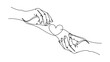 © Three - Continuous line art drawing of two hands reaching for each other with a heart in the middle symbolizing connection and love. Continuous line style. Hand drawn. Line art. Vector design. illustration
