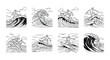 © Nayem - Vintage style illustrations of surfers riding ocean waves in black and white