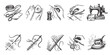 © no one - Collection of hand-drawn sketch icons illustrating various sewing and tailoring processes, including tools and techniques, with a vintage aesthetic.
