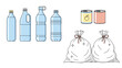 © Susmita - Collection of recyclable waste items including several plastic bottles, tin cans, and two large white garbage bags.
