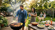 © Rencart - Family barbecue in a sunny backyard with children playing and a dog beside the grill