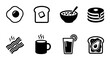 © Foysal - Breakfast food icon set with 8 black vector symbols, morning meal elements including eggs and pancakes, minimalist cafe menu graphics on white background