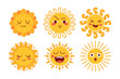 © Sunflower - Collection of six playful sun characters with big smiles, cool sunglasses, and silly expressions. Great for children stickers, summer apparel, and emojis.