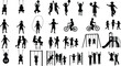 © Md - Collection of children silhouettes playing sports and playground activities, jumping rope, cycling, swinging, active kids lifestyle, outdoor fun, black and white illustration set