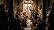 © Svitlana Vorotniak - Group of disciples and believers gather during Pentecost. Men and women praying together in ancient room. Biblical scene depicting spirit descend and religious worship in historical setting.