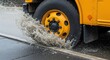 © Nataly - School bus driving through puddle splashing water on wet road. Close-up of yellow bus tire creating splash as it navigates rainy street. Dynamic scene of school bus demonstrating vehicular movement.