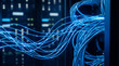 © Michelle - Close-up of glowing blue fiber optic cables and network wires in a modern server room for high-speed data transfer.