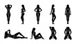 © Kamrul - Bikini woman silhouette collection, set of 9 female figures in swimwear, black vector icons of girls in lingerie posing for fashion and beauty