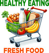 © al - Create a realistic kinds of deferent Grocery products in supermarket cart. Vegetables, eggs, milk and other grocery processed and fresh food. Healthy eating concept vector art with white background.