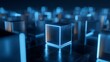 © Kdhtdg - Minimalist futuristic scene showing glowing blue light cubes on dark reflective surface representing blockchain technology data security and structured digital architecture for modern business.