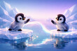 © Munny - Adorable baby penguins reaching out to each other across glowing icy platforms in a serene arctic landscape with soft pastel lighting.
