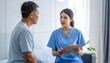 © faster - A healthcare worker in blue scrubs consults with an older man in a light room