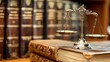 © Bon - Justice scales on antique books; balanced law background