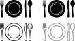 © Pro seller - Set of black and white cutlery icons with dinner plates forks knives and spoons in silhouette and outline style for restaurant menu and dining etiquette design.