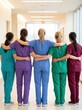 © 5 Grace Media - Diverse group of female healthcare professionals standing together in a hospital hallway, arms around each other in a show of unity and support.