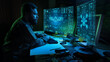 © Lustre Art Group  - Engineer working with multiple holographic drone interfaces military command system. Concept of advanced control center, drone fleet management and high tech defense operations.