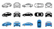 © Khmel - Various cars and vehicles presented in different styles and perspectives, including outline, silhouette, and colored illustrations, showcasing multiple angles like front, side, top, and rear views.