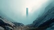 © backup_studio - Tall monolith standing in mountain valley amidst thick fog. Abstract structure with geometric shape in mysterious rocky landscape. Surreal scene representing discovery and isolation.