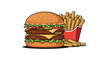 © mangan - A delicious double cheeseburger stacked with lettuce, tomato, and cheese, served with golden fries in a red carton