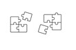 © MstMonira - Vector illustration of two four-piece jigsaw puzzles with one piece detached, representing teamwork, problem solving, and missing links, minimalist black line art icon set on white background.
