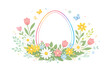 © MDAhosun - Happy Easter Greeting Card Template with Egg Shape Frame and Colorful Spring Flowers, Daisies, Tulips, and Butterflies on White Background. Vector Illustration for Social Media or Web Banner.