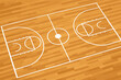 © Nouman - Angled top view of a professional basketball court background featuring a polished wooden parquet floor texture and crisp white line markings for the key, three-point arc, and center court area.