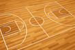 © Nouman - Angled top view of a professional basketball court background featuring a polished wooden parquet floor texture and clean white line markings for sports competition, arena design, and gym.