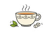 © Majid - Hand Drawn Tea Cup Doodle Illustration with Steam, Green Tea Leaves, and Sugar Cubes; Simple Flat Vector Art Isolated on White Background for Cafe Menu, Kitchen Decor, or Cozy Morning Branding.