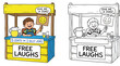 © AbuNazam - Cartoon Boy at Free Laughs Stand Selling Lemonade for 5 Cents or a Silly Joke Vector Illustration and Line Art Coloring Page Set
