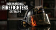 © Chandana - Firefighter helmet reflecting flames with international firefighters day may 4 text