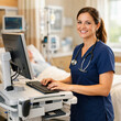 © Aamir - A professional, smiling female nurse in blue scrubs with a stethoscope standing at a mobile computer workstation in a clinical hospital room, providing dedicated patient care and medical documentation