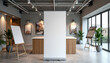 © KateBo - Vertical banner mockup. Blank vertical display stand in stylish workspace gallery