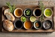 © matucha12 - Top view vinegar tasting set with small cups and bread, curated culinary sampling arrangement, artisanal food scene