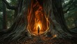 © Masaji - A solitary woman stands before a magnificent ancient tree with a luminous, mystical archway leading into its glowing heart.