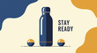 © Vission - Vector motivational sports bottle, stay ready phrase, fitness hydration icon, blue and yellow design elements