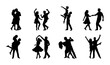 © Rashidul - Dancing couple silhouettes set, romantic ballroom and swing dance partners, black vector figures of people dancing together, 8 pairs collection