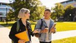 © Anna - Two college students walking and talking on a sunny university campus. Young man and woman with backpacks and notebooks having a conversation outdoors. Student life and education concept